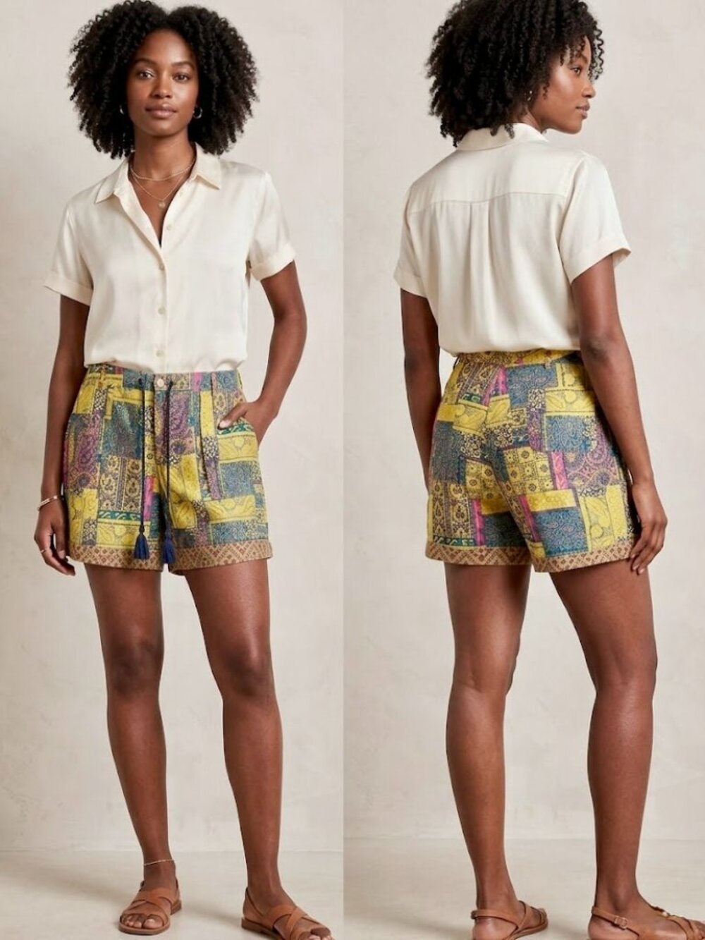 Sundance Kalini Linen Cotton Patchwork Tassel Shorts Size Large